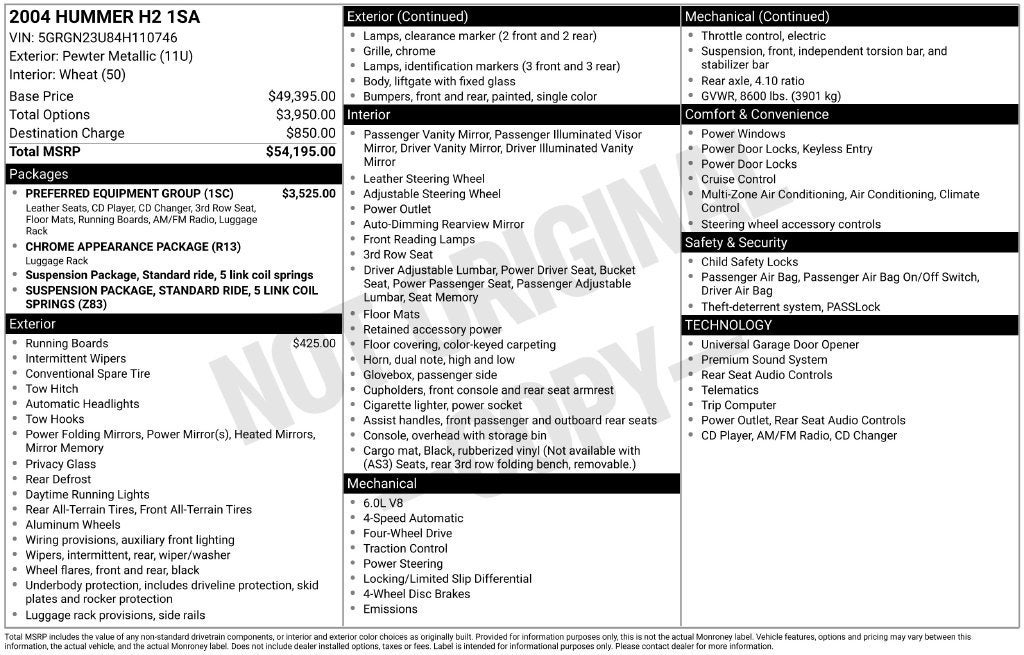 2004 HUMMER H2 BASE